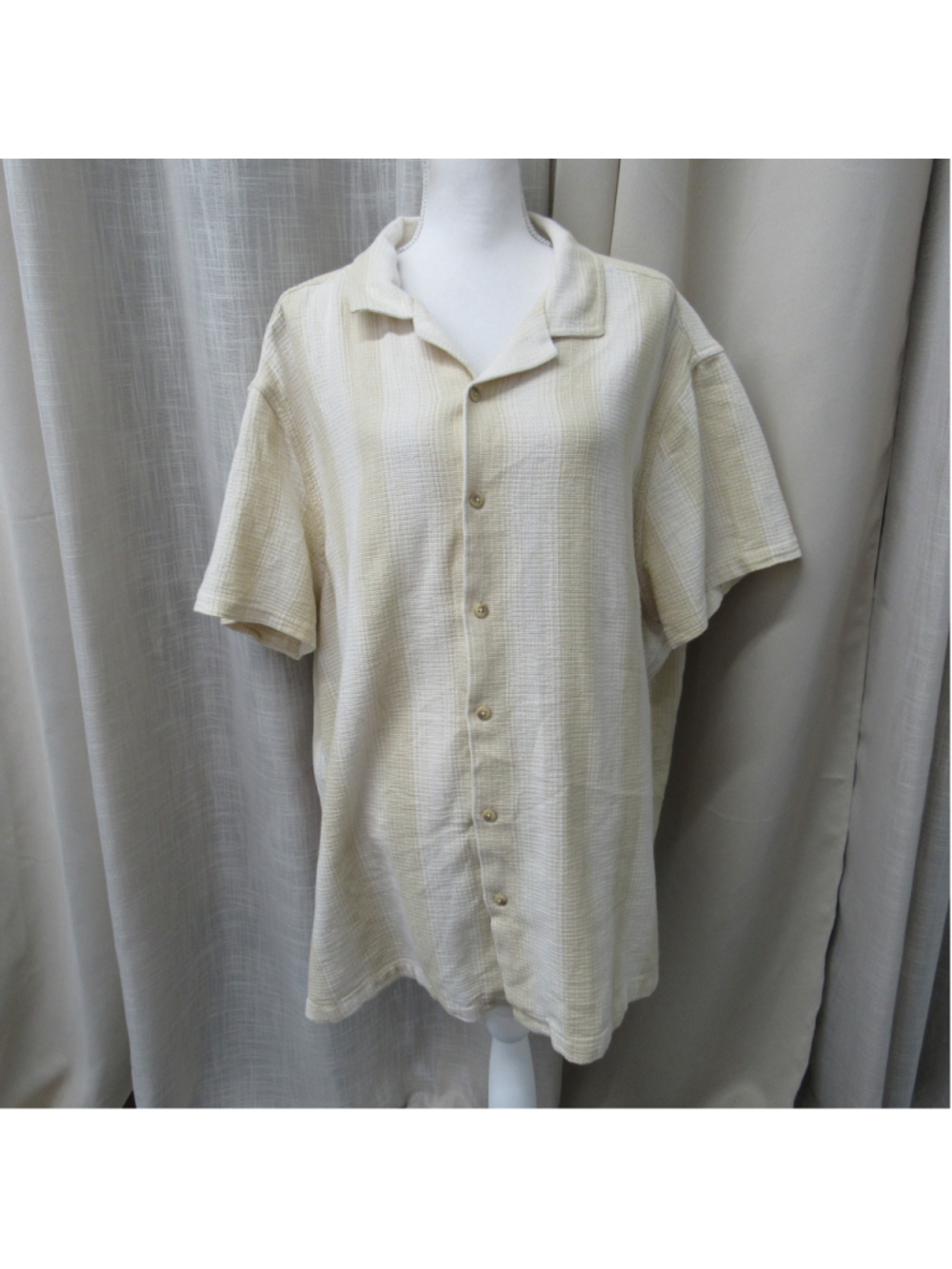 ROWM Mens 3XB Cream Striped Textured Camp Collar Button Down Shirt 100% Cotton